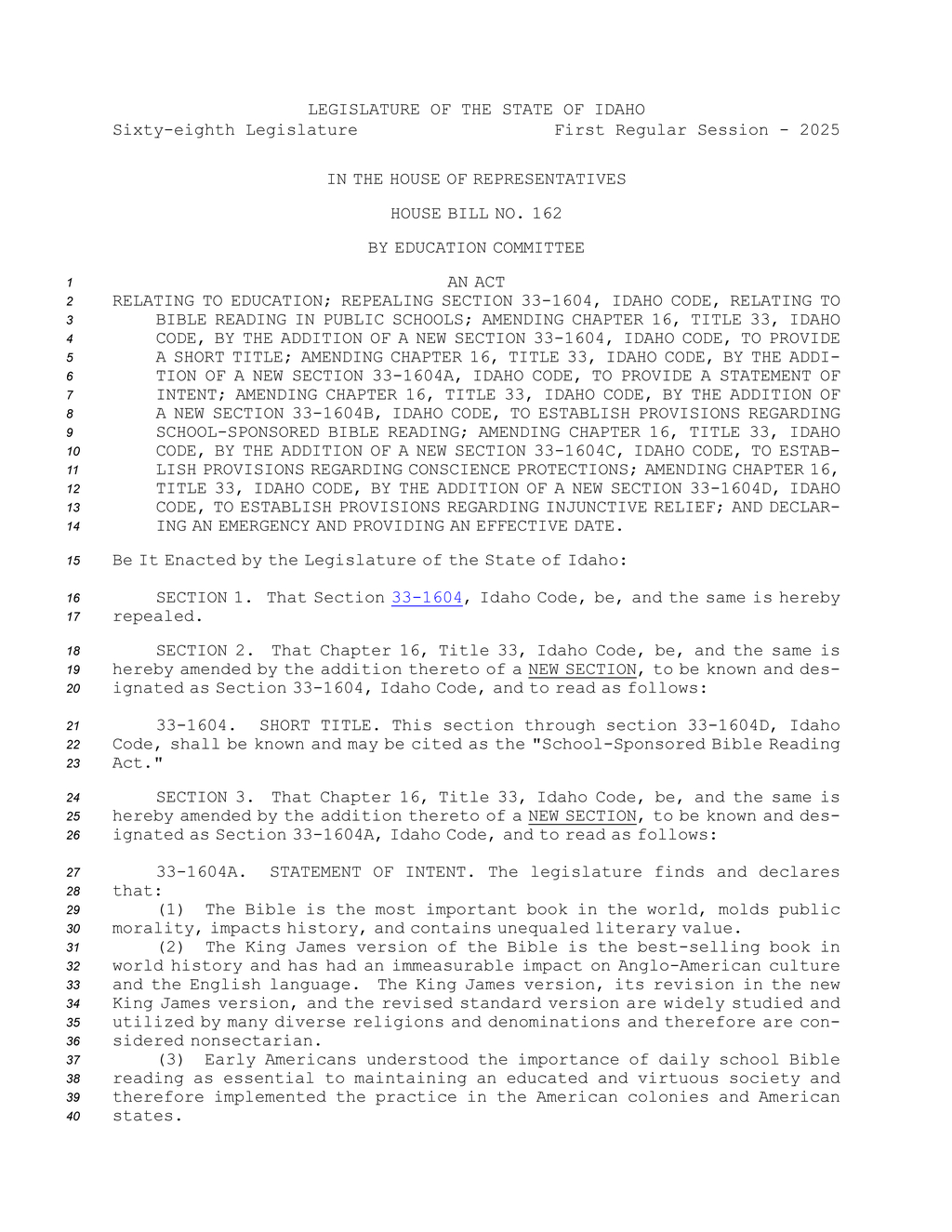Idaho House passes School-Sponsored Bible Reading Act to repeal previous law