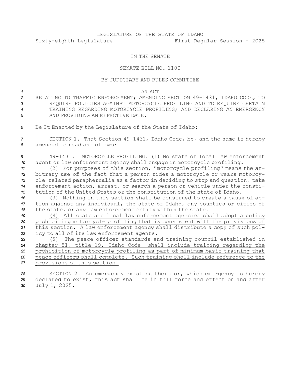 Idaho Senate passes bill to prohibit motorcycle profiling in law enforcement