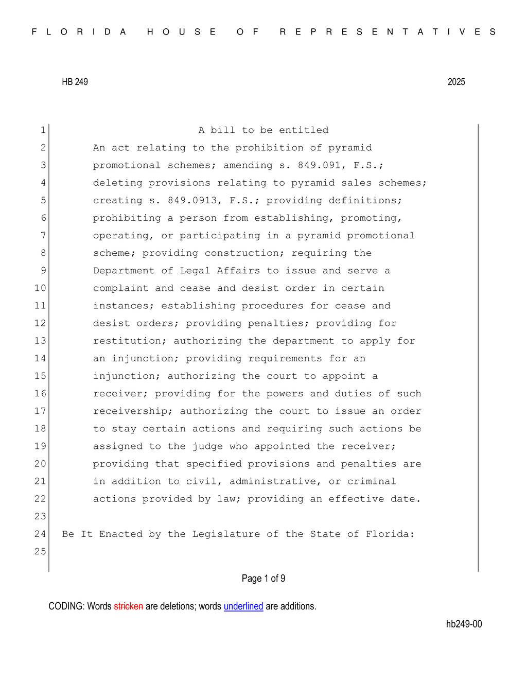Florida House proposes regulations against pyramid promotional schemes