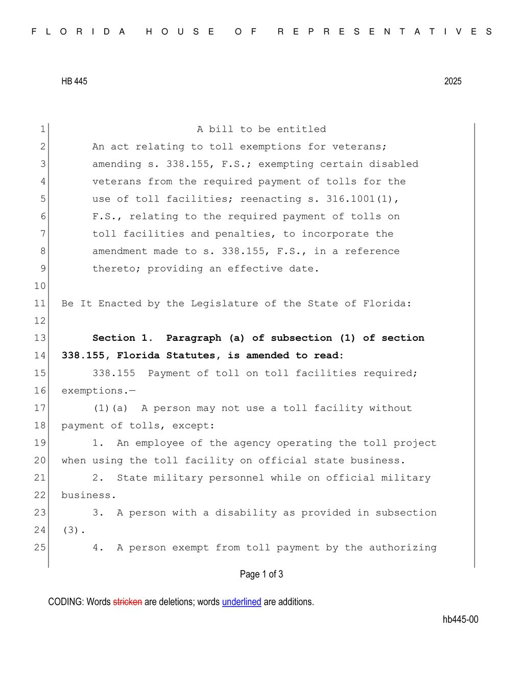 Florida Legislature proposes toll exemptions for disabled veterans