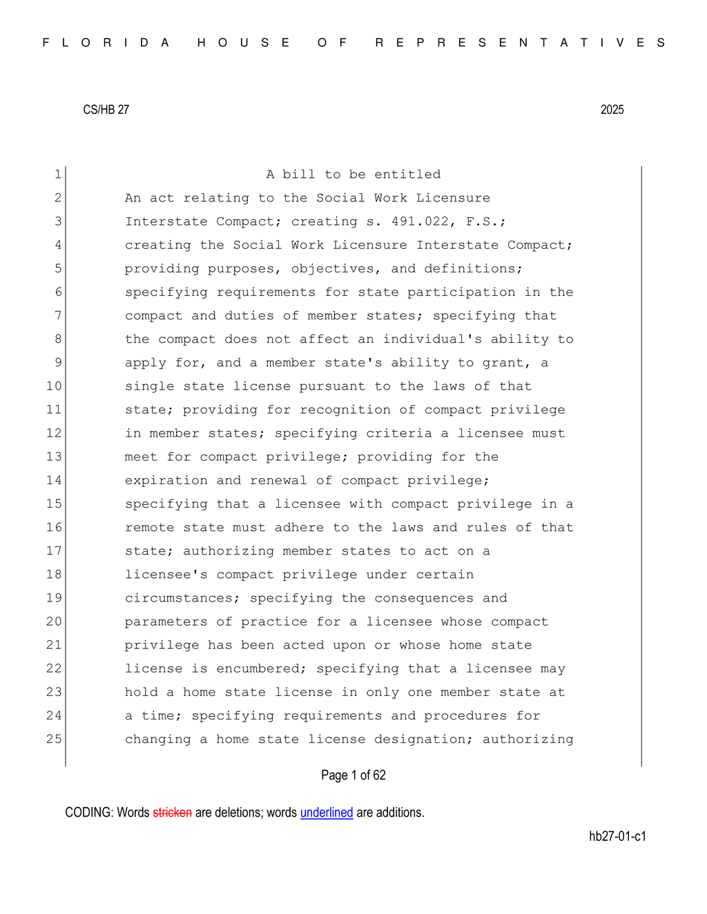 Florida House approves multistate social work licensure compact
