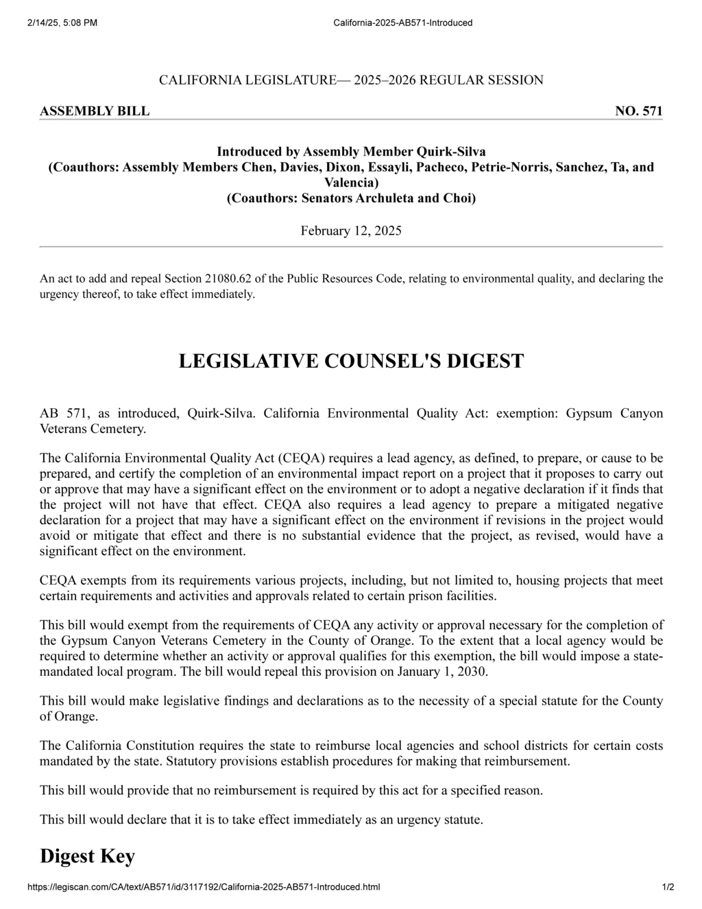 California Legislature establishes Gypsum Canyon Veterans Cemetery in Orange County