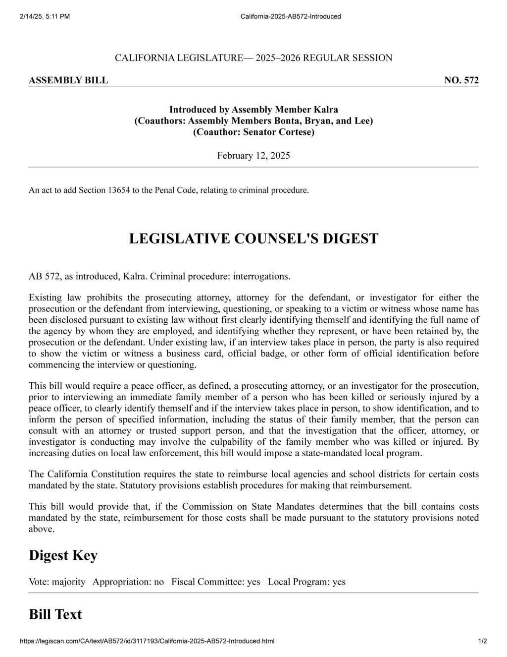 Assembly Member Kalra proposes California AB 572 to alter interrogation procedures