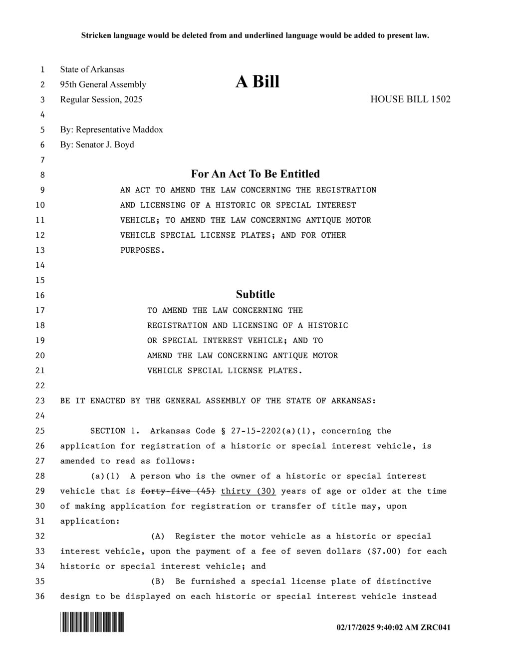 Arkansas General Assembly amends historic vehicle registration requirements