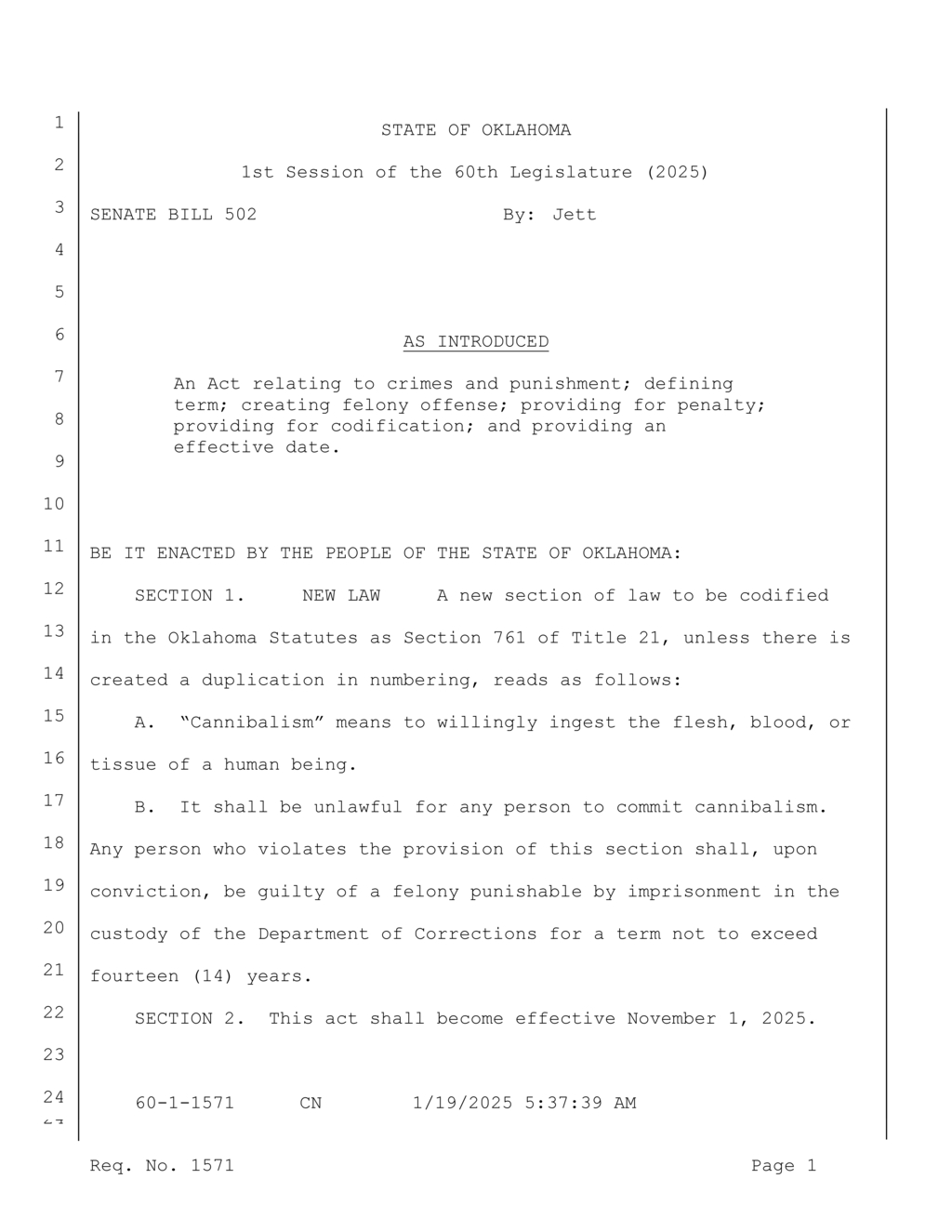 Oklahoma Senate approves felony law against cannibalism