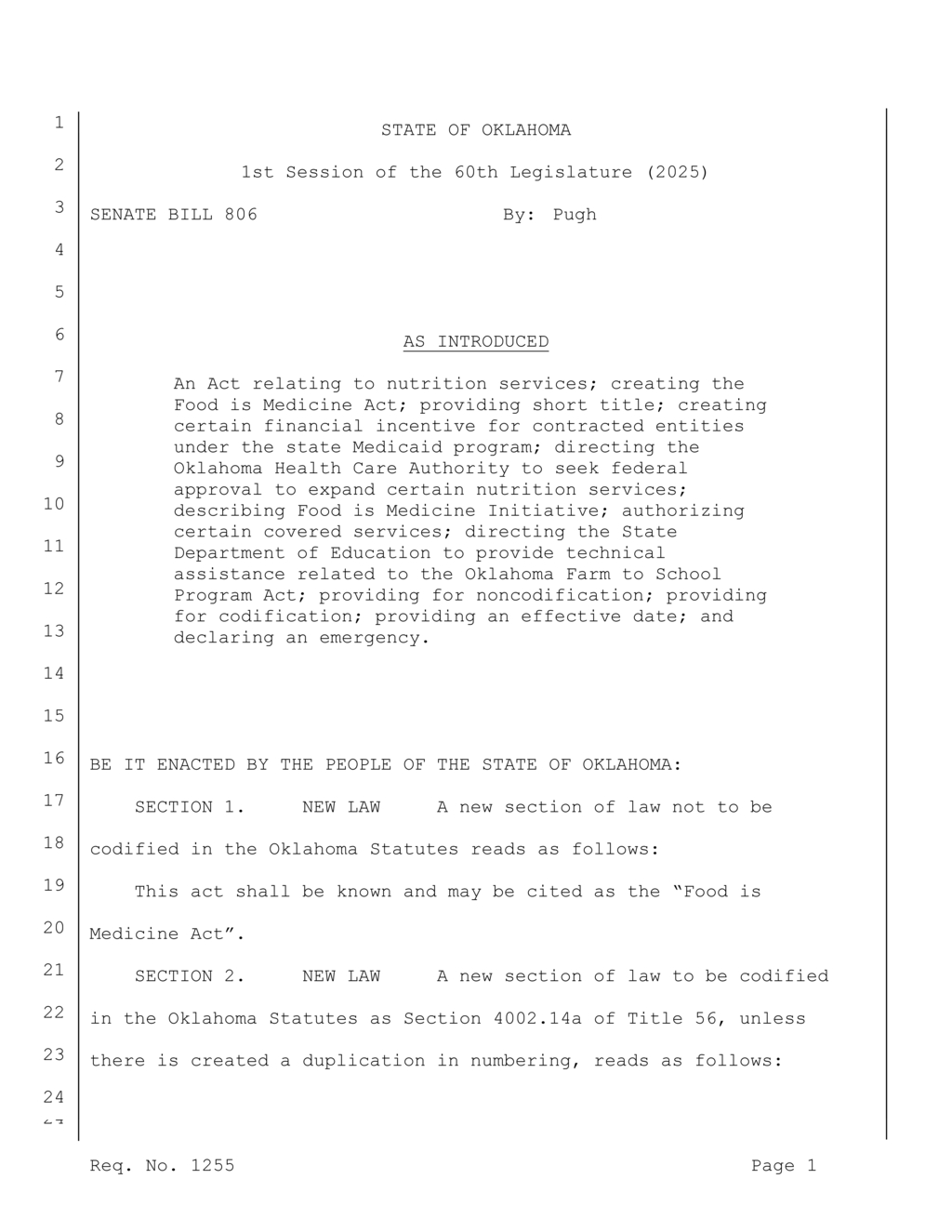 Oklahoma Senate Bill 806 introduces Food is Medicine Act for Medicaid program