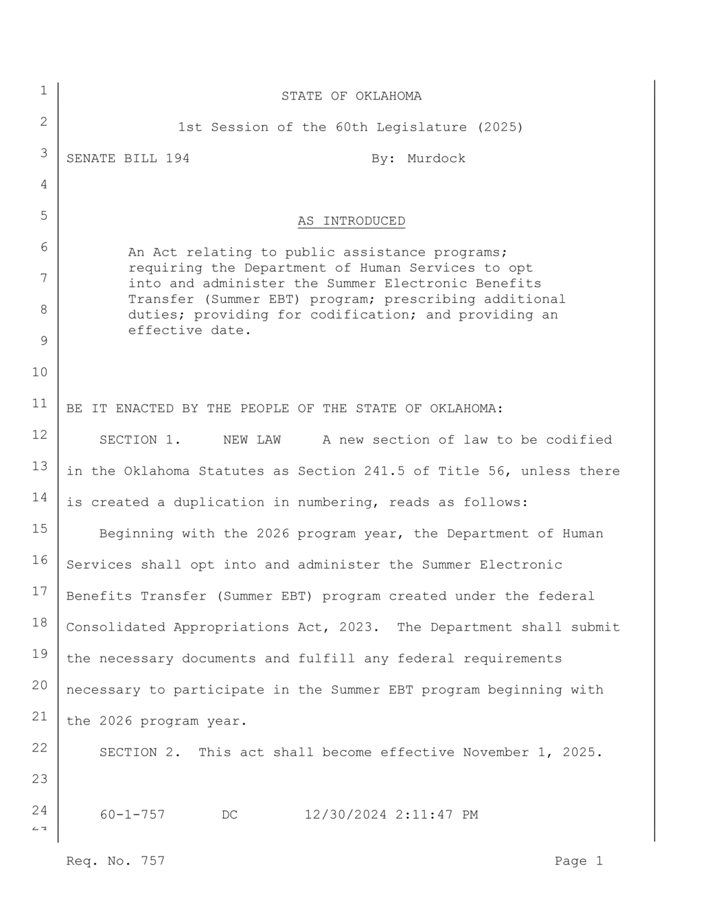 Oklahoma Senate passes Bill to implement Summer EBT program for 2026