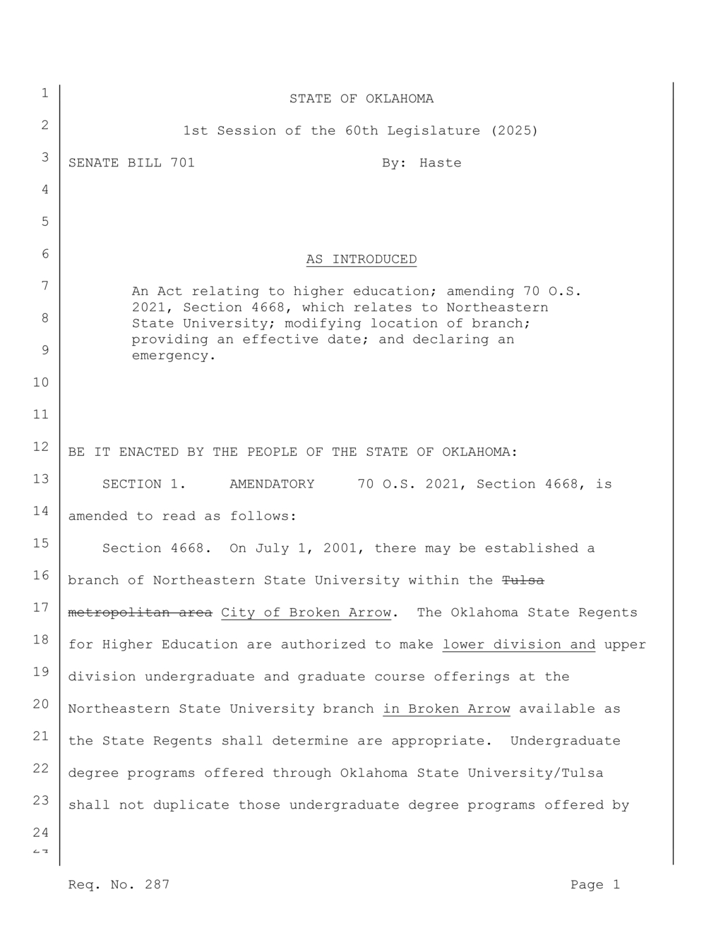 Oklahoma Legislature amends bill to establish Northeastern State University branch in Broken Arrow