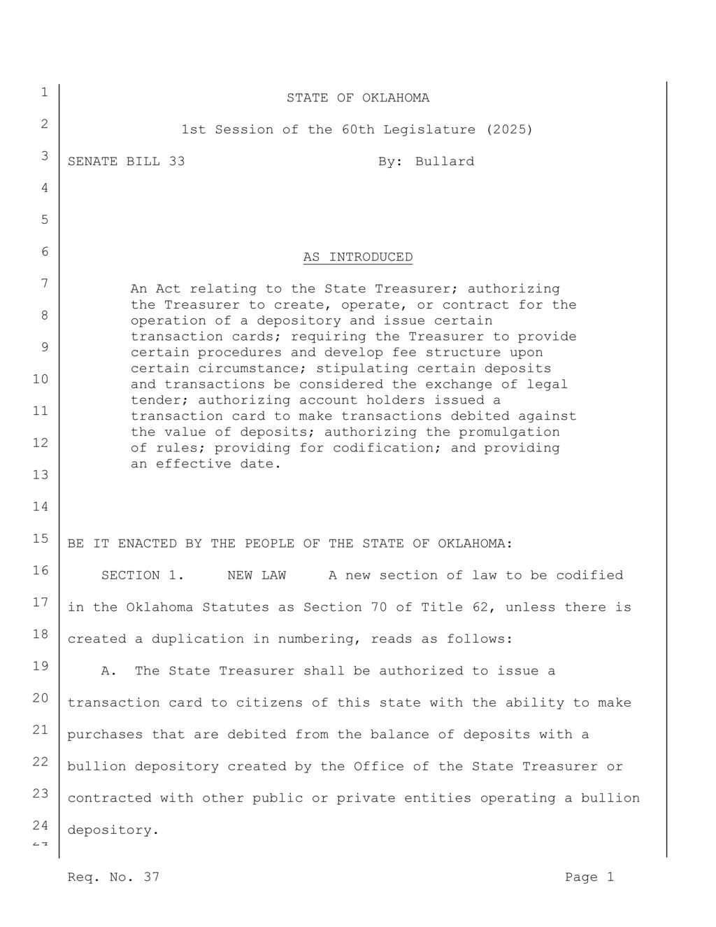 Oklahoma legalizes gold and silver deposits as currency in new bullion depository law