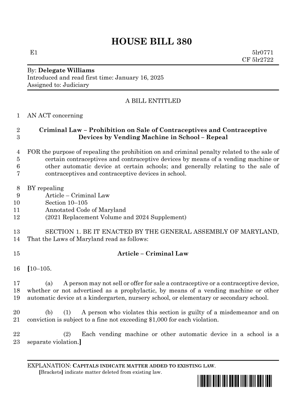 Maryland House Bill 380 repeals school vending machine contraceptive sales ban