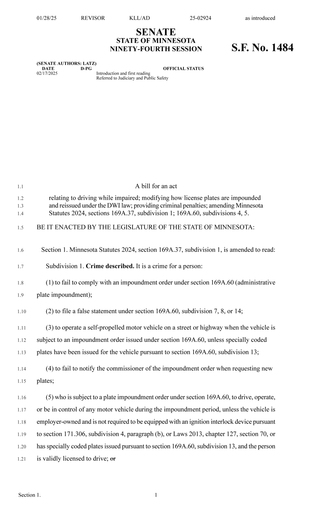 Minnesota Legislature proposes new DWI license plate impoundment regulations