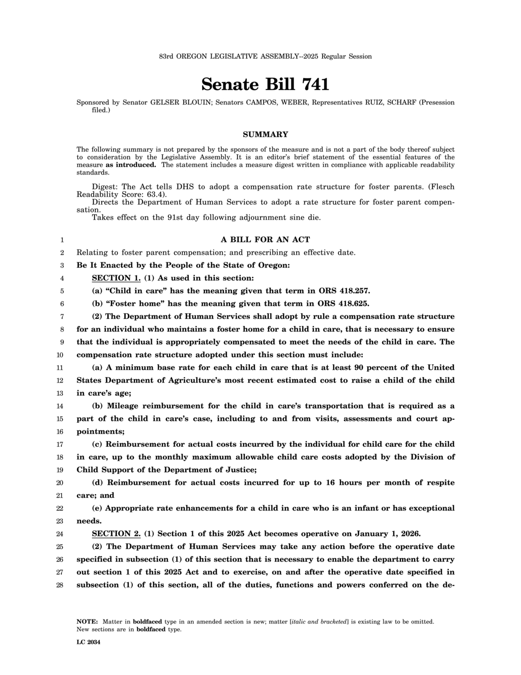 Oregon Senate Bill 741 establishes new compensation rates for foster parents