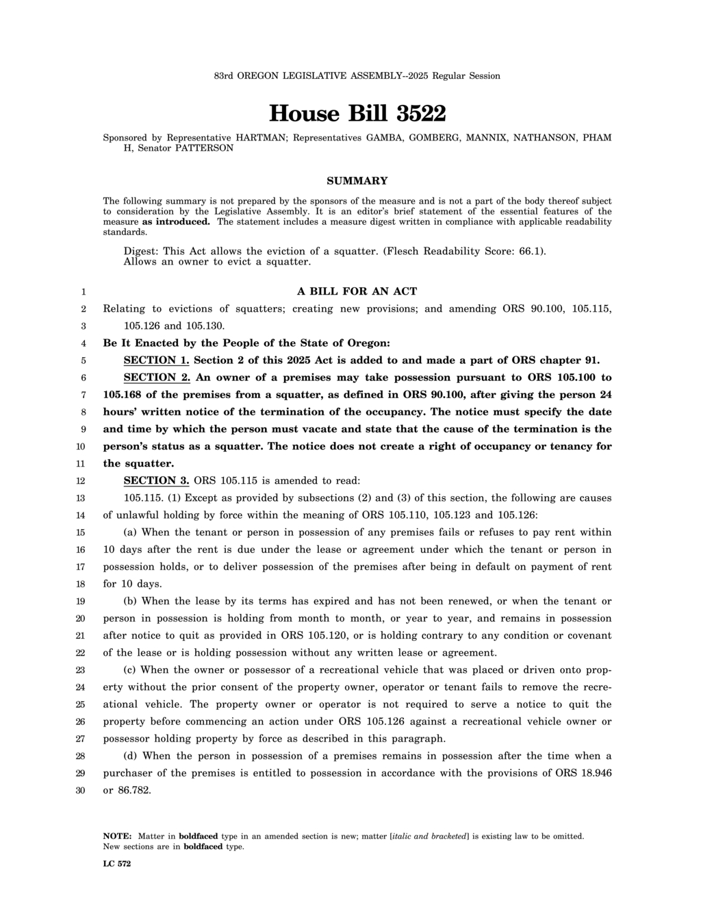 Oregon House Bill 3522 enables swift eviction of squatters