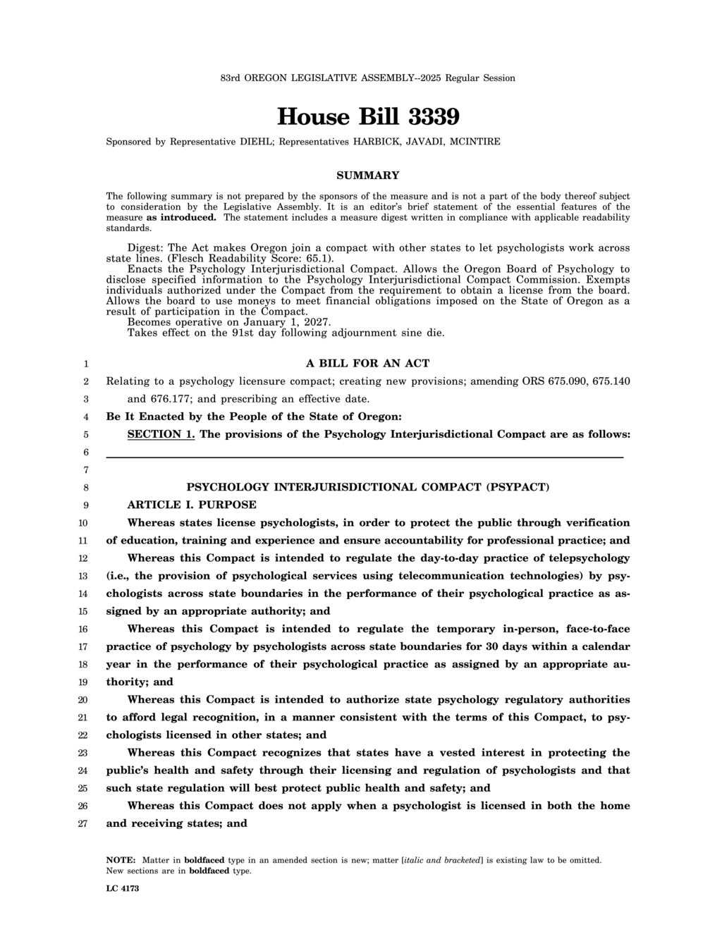 Oregon House passes bill for psychology interstate licensure compact