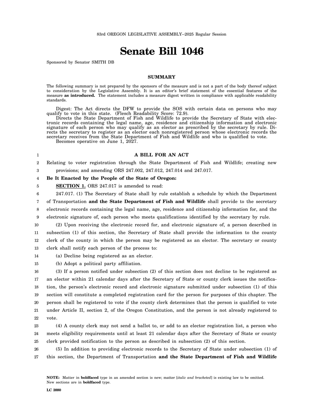 Oregon Secretary of State implements new voter registration provisions under SB 1046