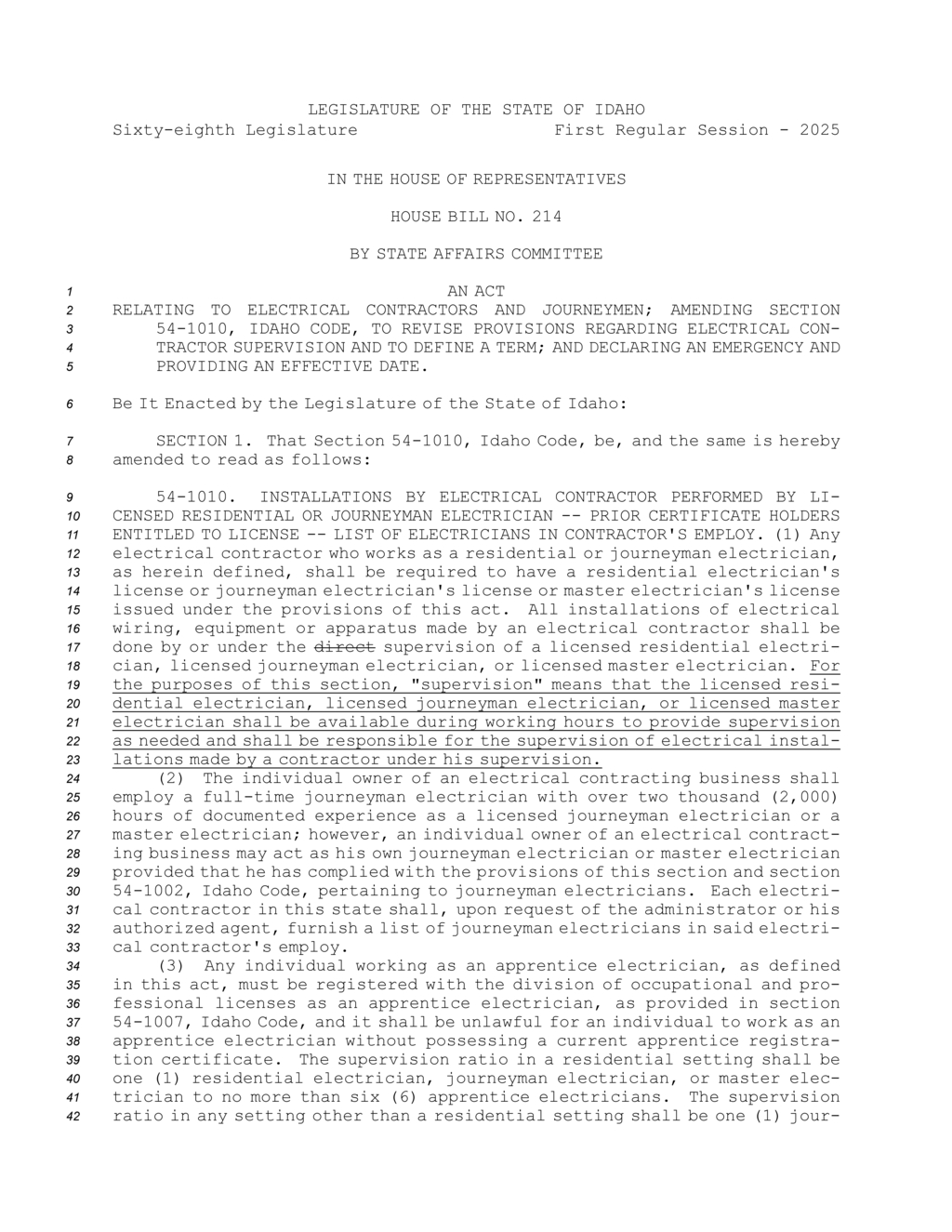 Idaho Legislature passes House Bill 214 to regulate electrical contractor supervision