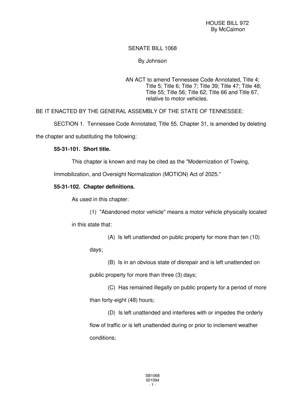 Tennessee General Assembly passes MOTION Act to modernize towing regulations