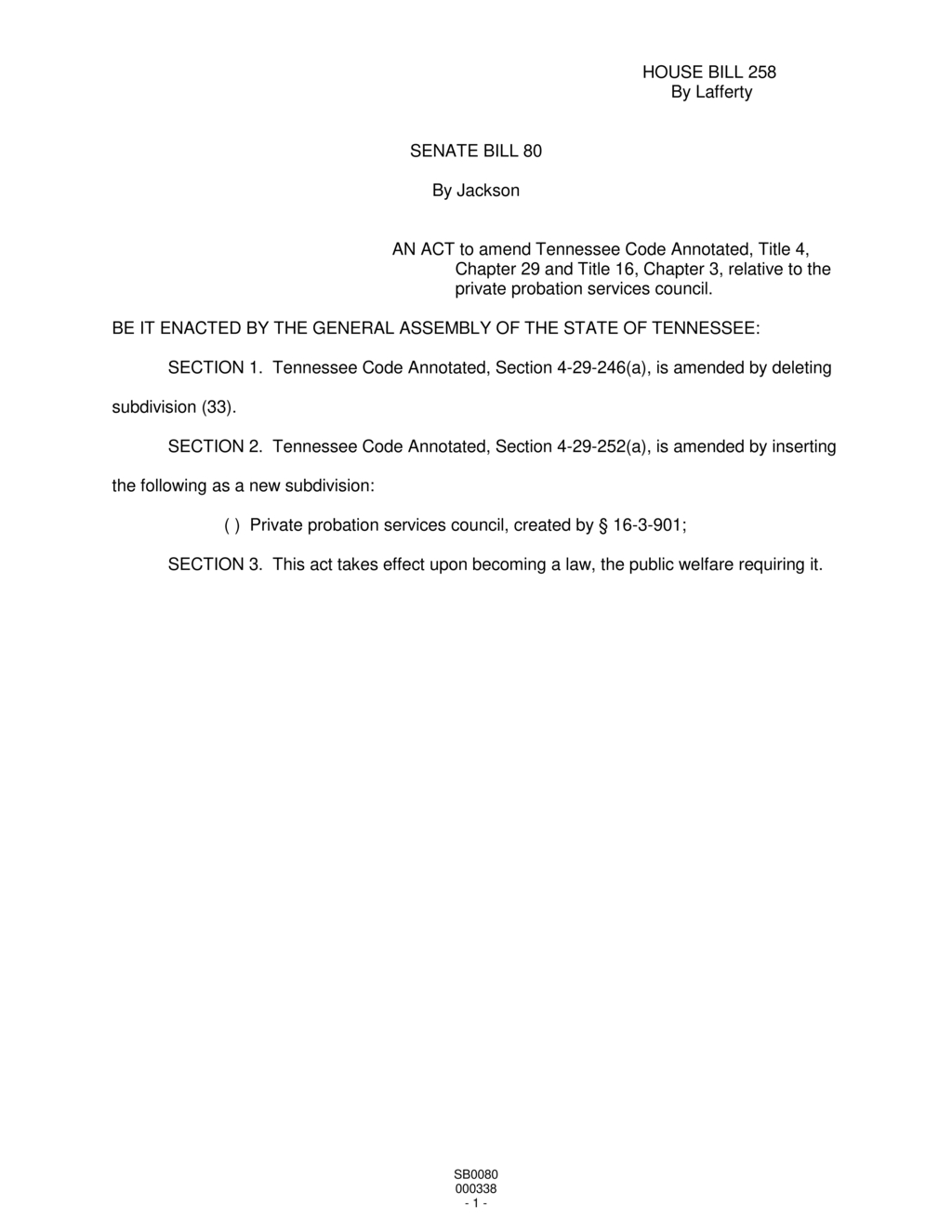 Tennessee General Assembly approves new private probation services council