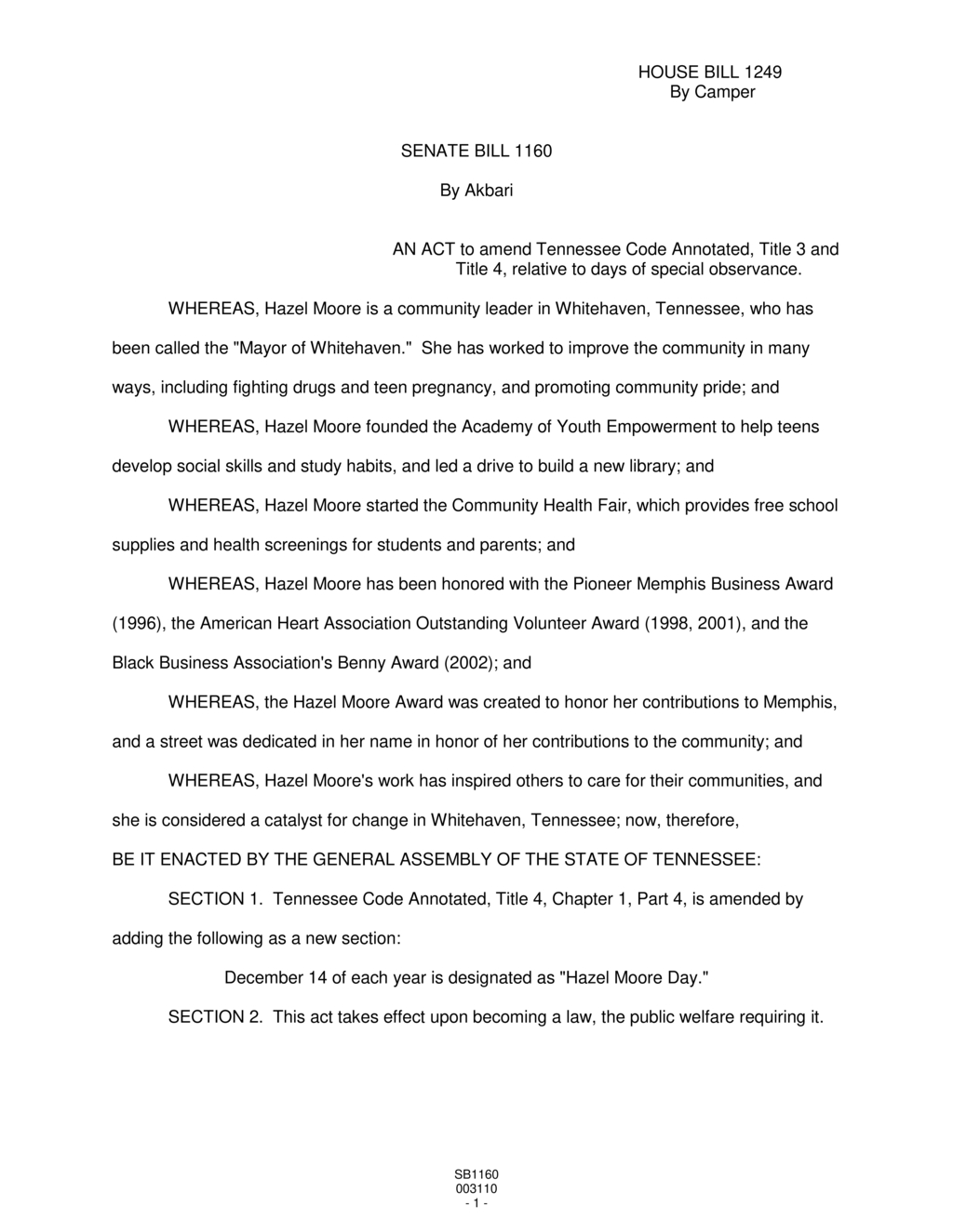 Tennessee declares December 14 as Hazel Moore Day to honor community leader