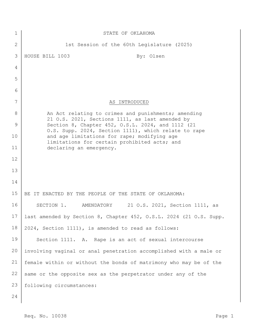 Oklahoma updates rape laws to clarify consent and age considerations