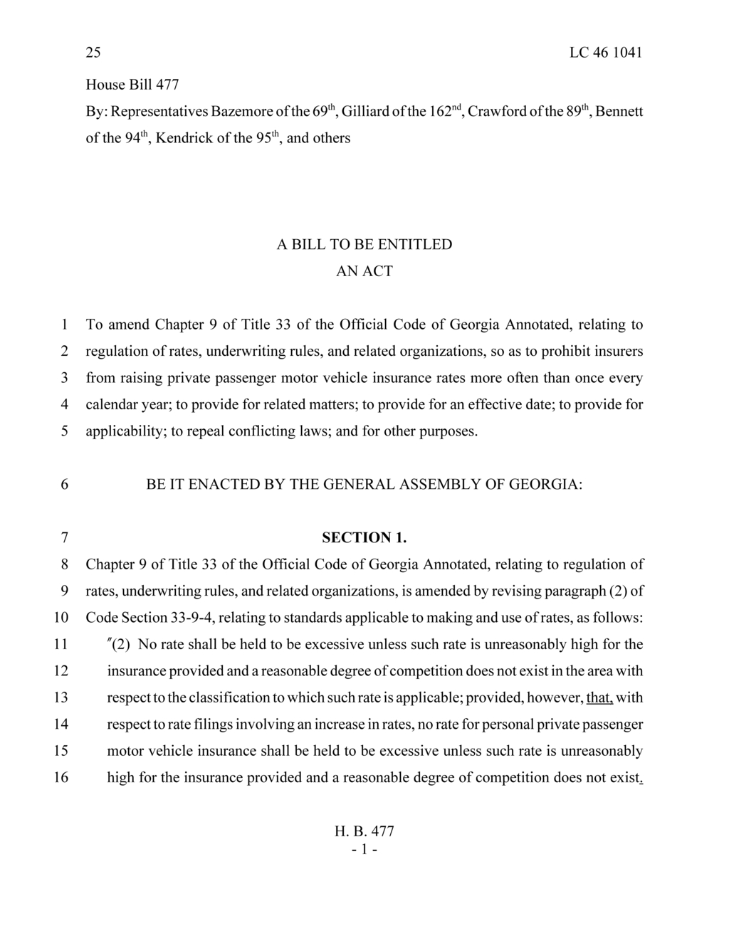 Georgia House passes Bill 477 to limit car insurance rate increases to once yearly