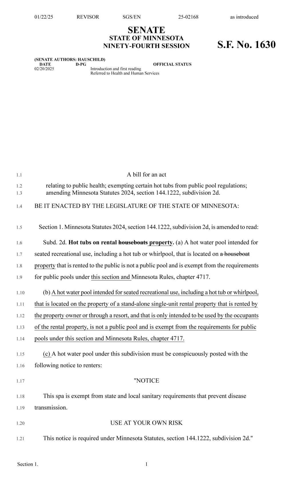 Minnesota Senate introduces bill exempting rental hot tubs from public pool regulations