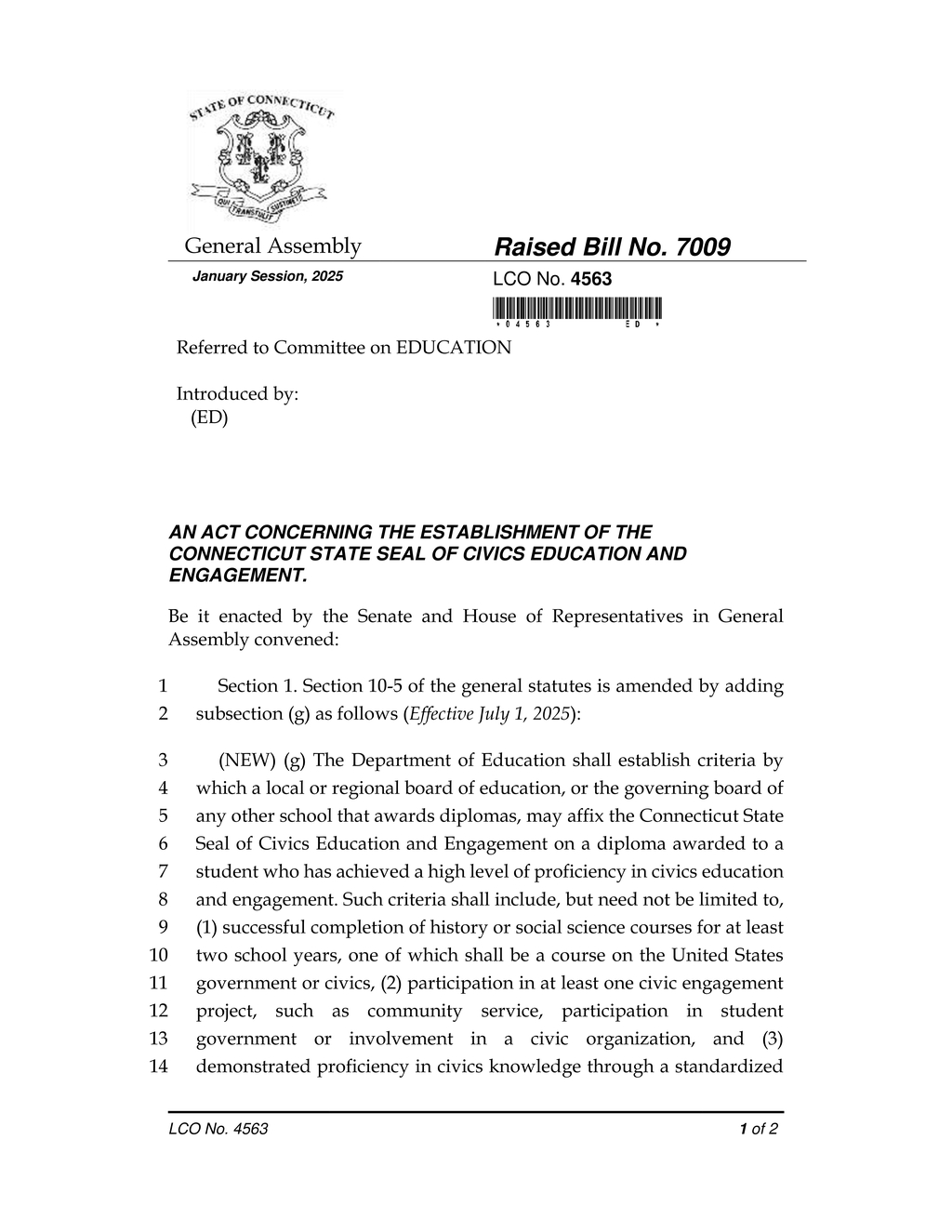 Connecticut establishes State Seal for Civics Education on high school diplomas