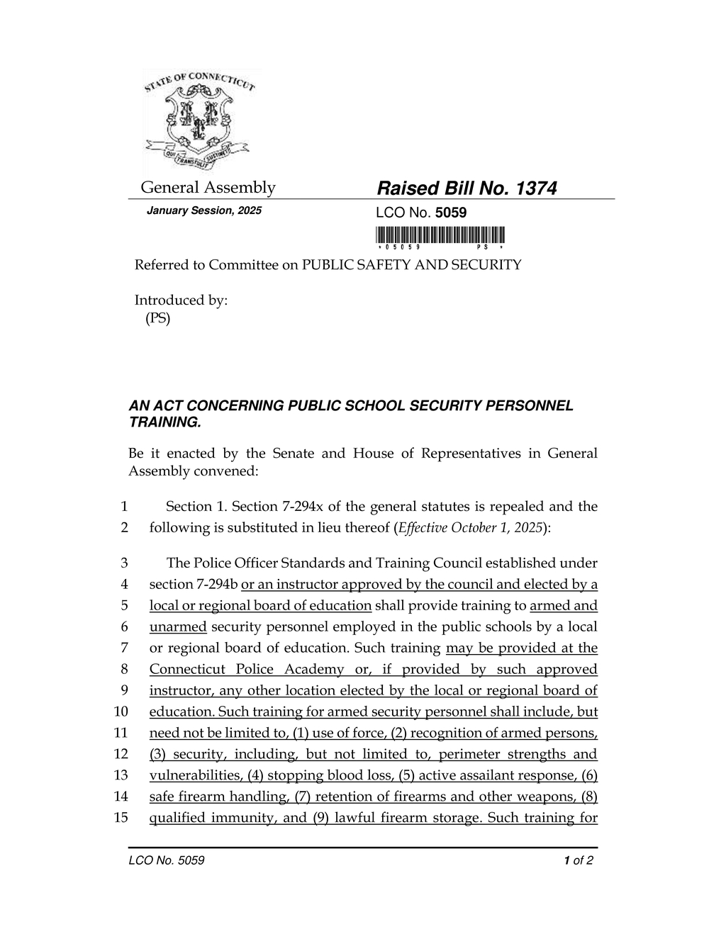 Connecticut Assembly introduces school security personnel training legislation