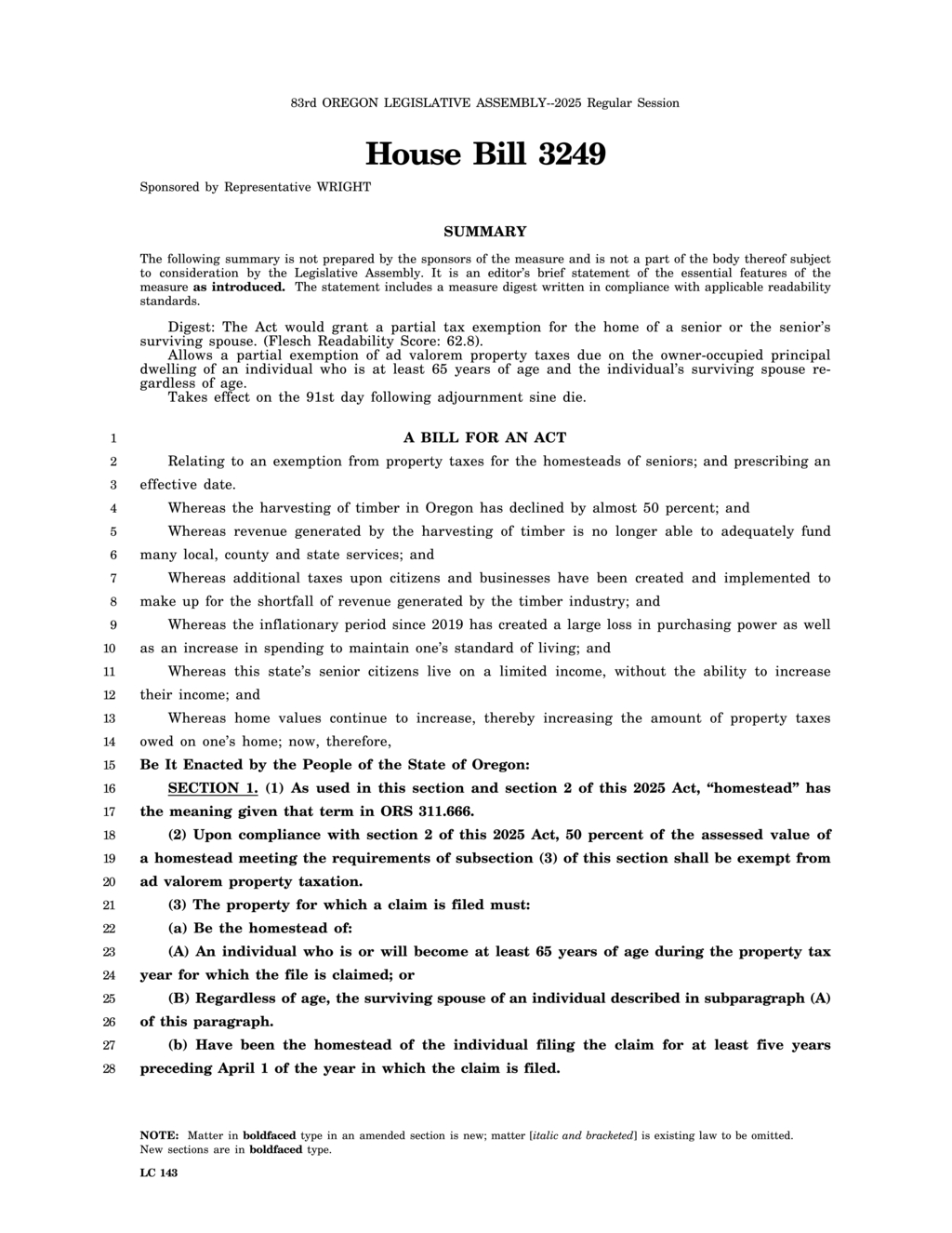 Oregon Legislature approves HB 3249 offering partial property tax exemption for homesteads