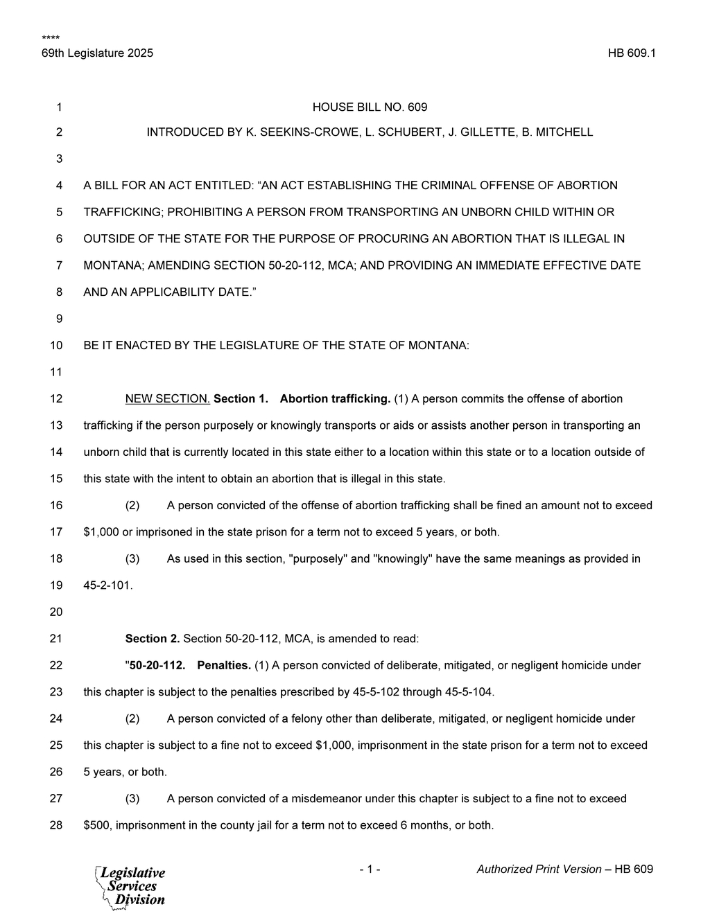 Montana Legislature passes HB 609 protecting women from abortion penalties