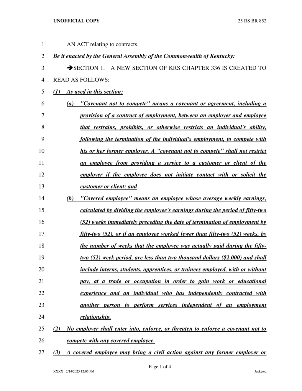 Kentucky legislature enforces new regulations on non-compete agreements