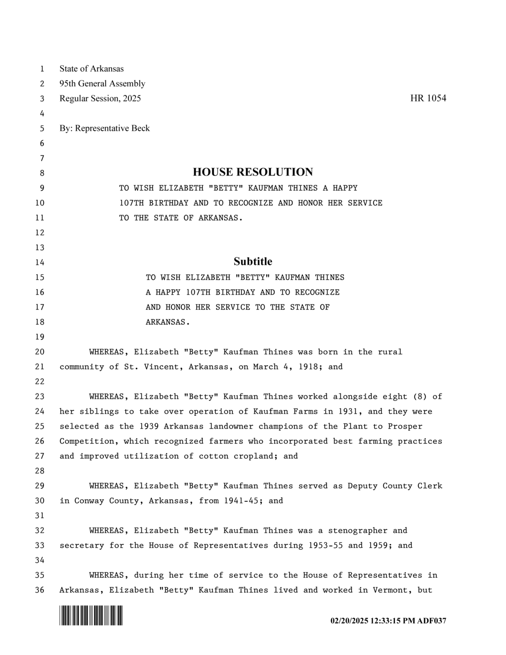 Arkansas House honors Betty Kaufman Thines on her 107th birthday