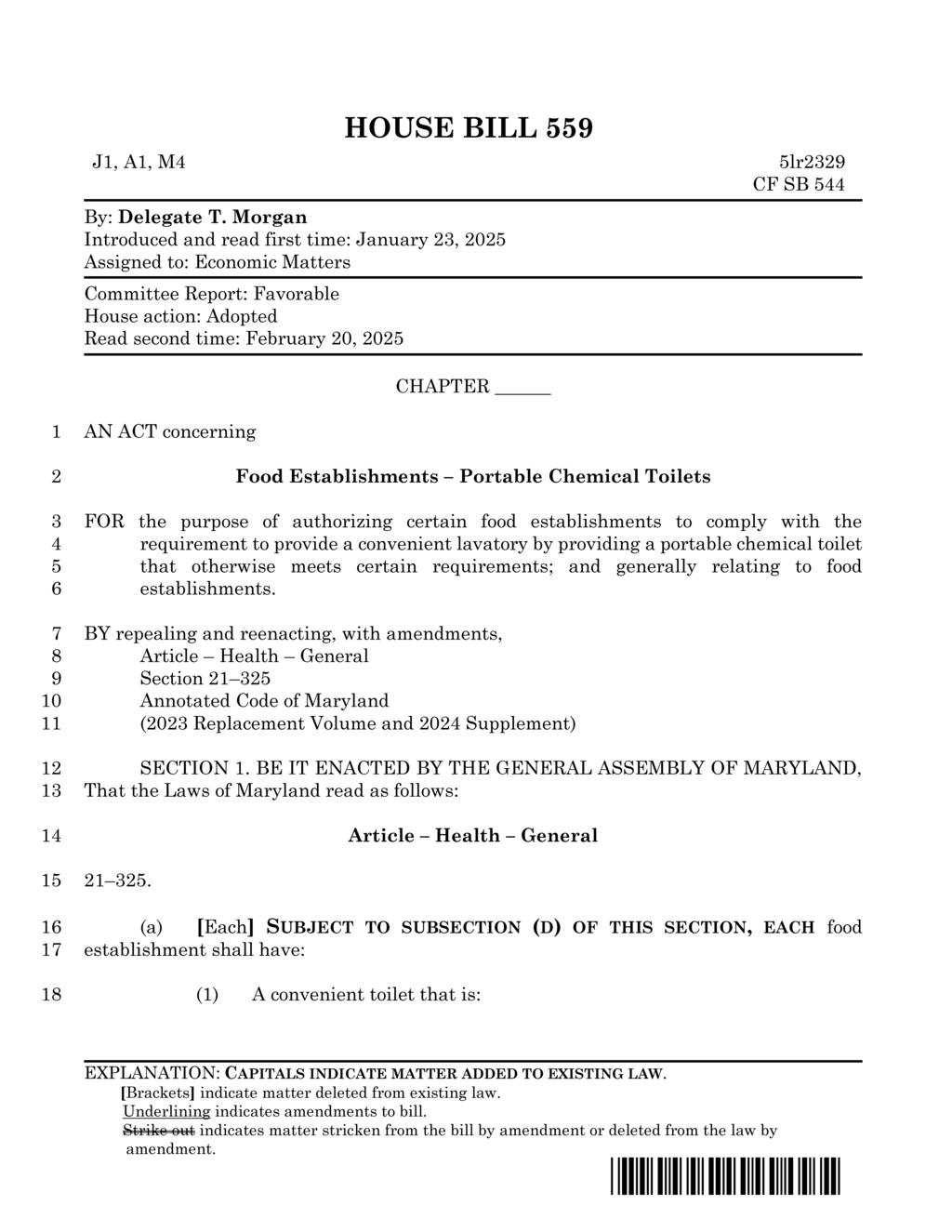 Maryland House Bill 559 mandates portable toilets for food establishments by 2025