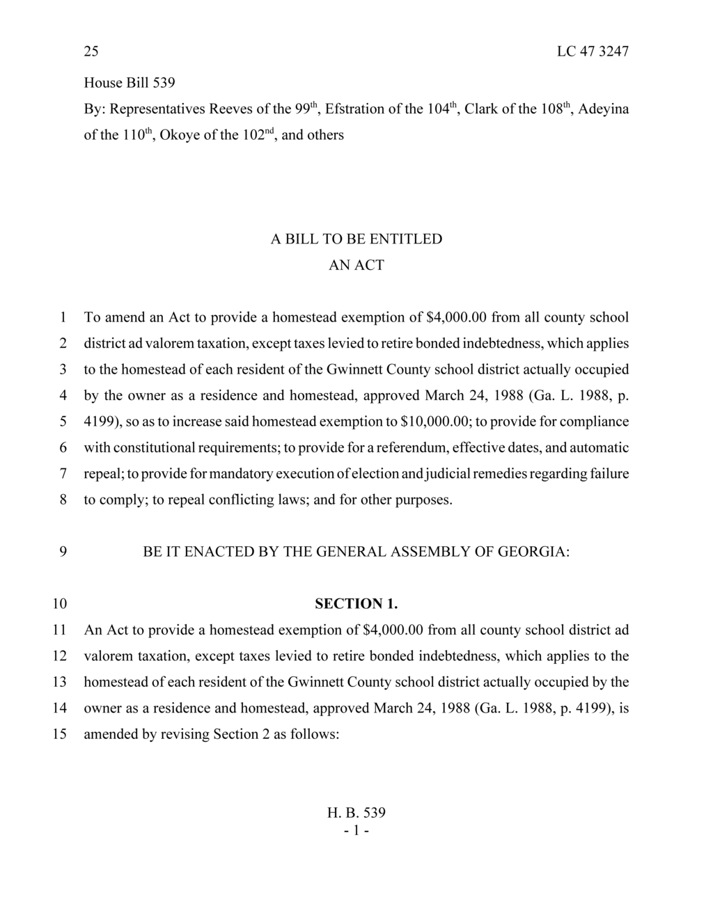 Georgia House advances HB 539 to increase Gwinnett County homestead exemption to $10000