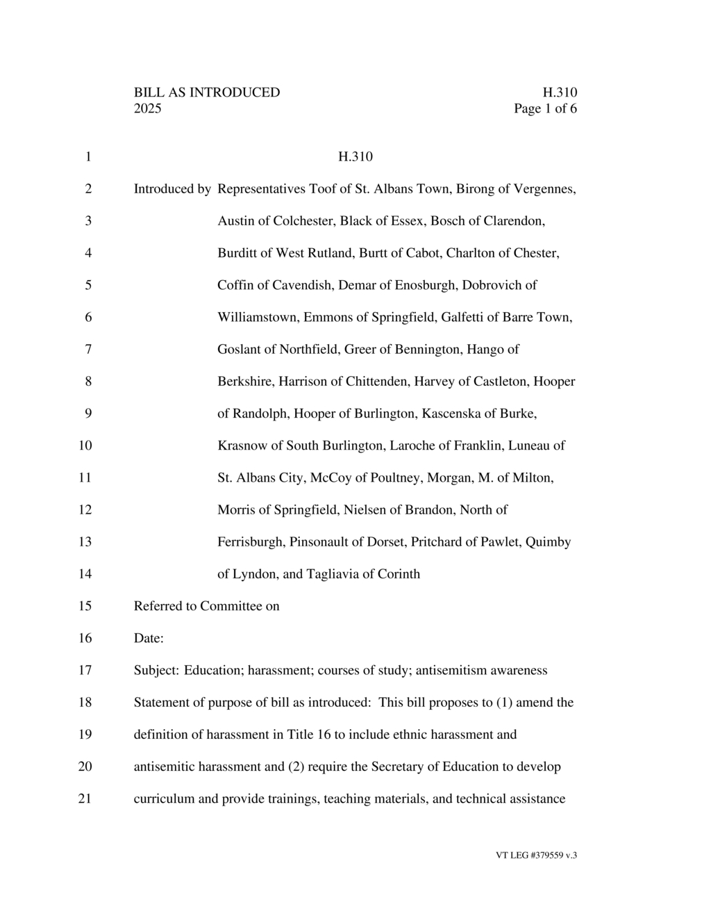 Vermont lawmakers introduce H.310 to combat student harassment and discrimination