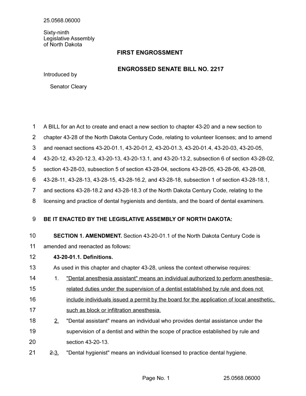 Senator Cleary introduces bill for dental licensing reforms in North Dakota