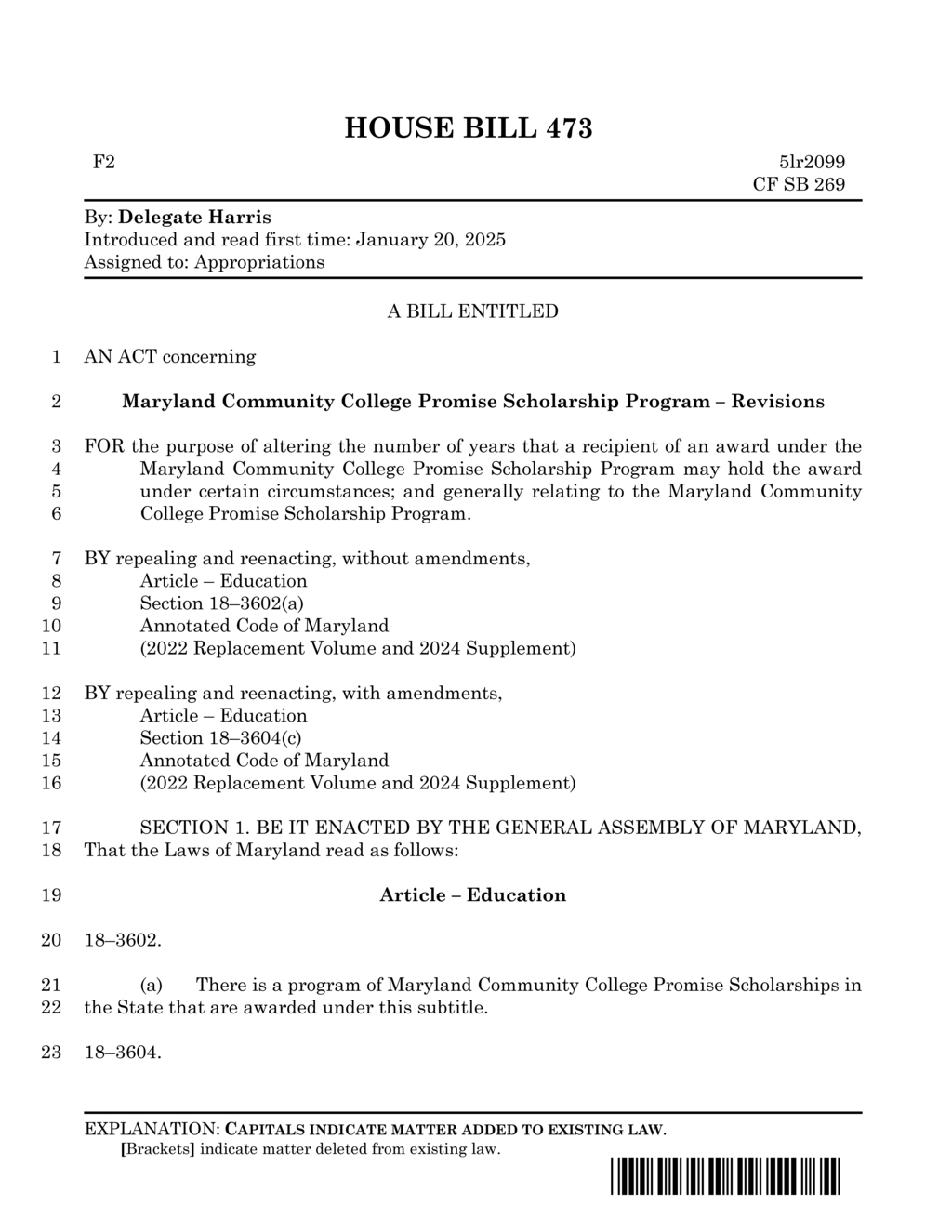 Delegate Harris introduces revisions to Maryland Community College Promise Scholarship Program