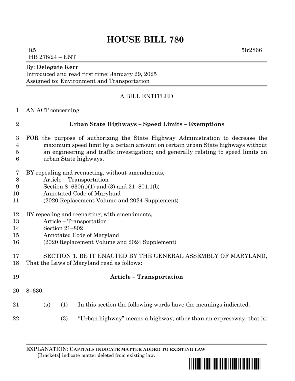 Maryland House Bill 780 sets urban speed limits for public safety
