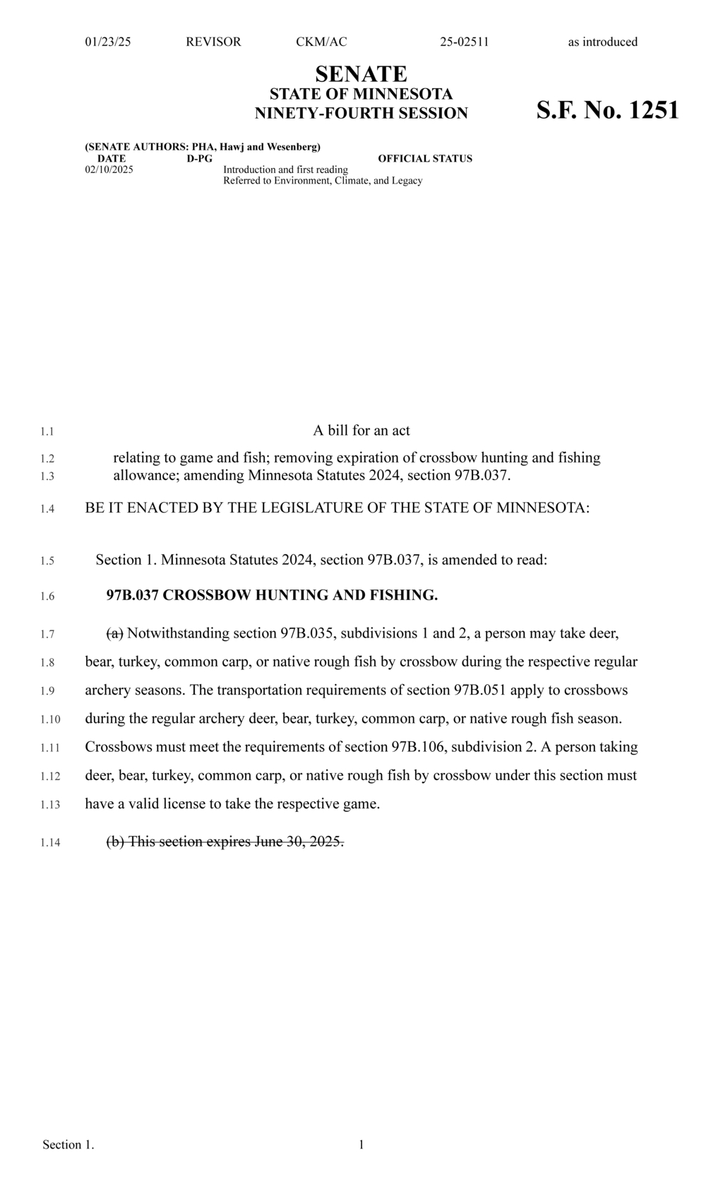 Minnesota legislature proposes permanent crossbow hunting and fishing allowance