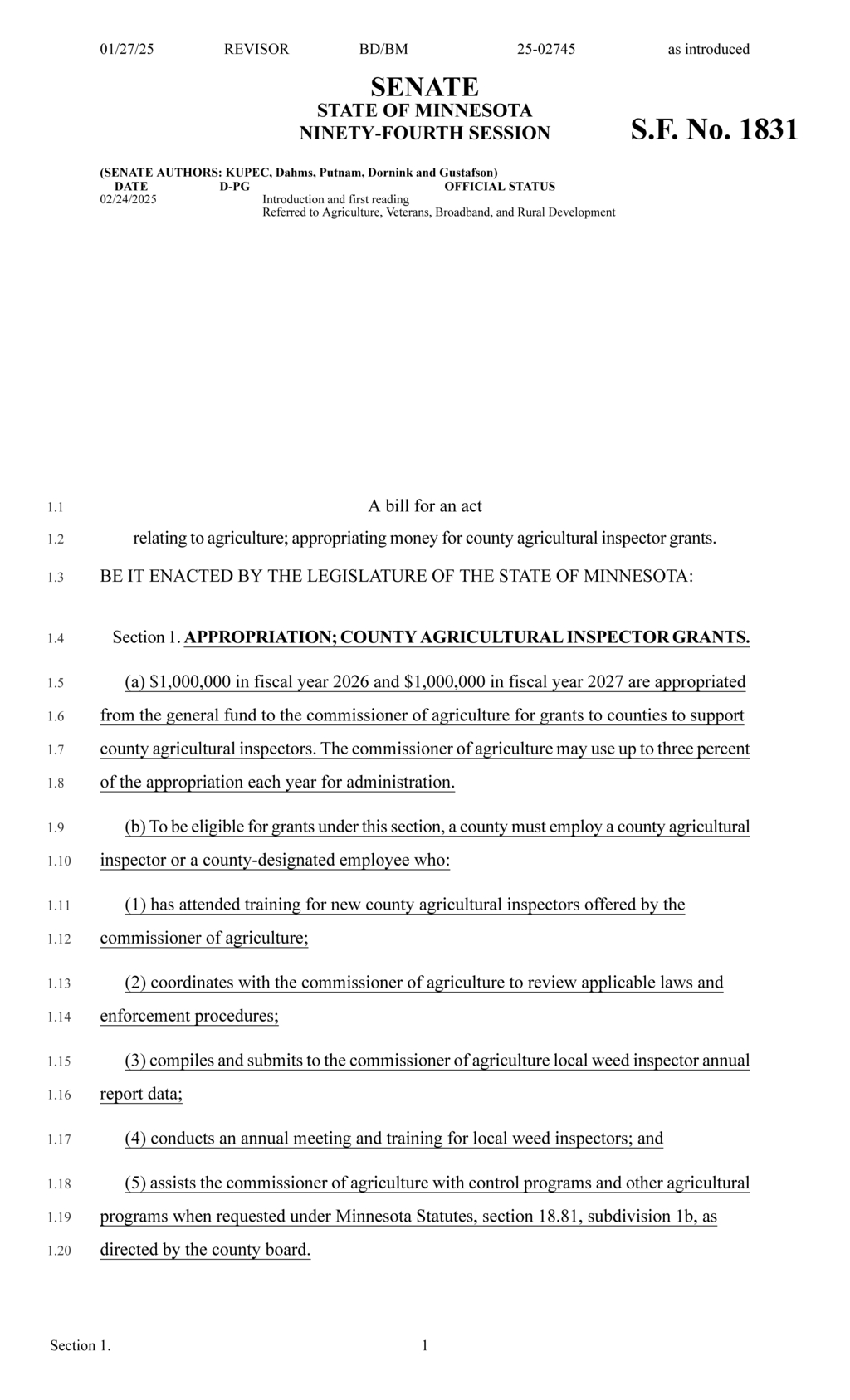 Minnesota Legislature approves $2M for county agricultural inspector grants