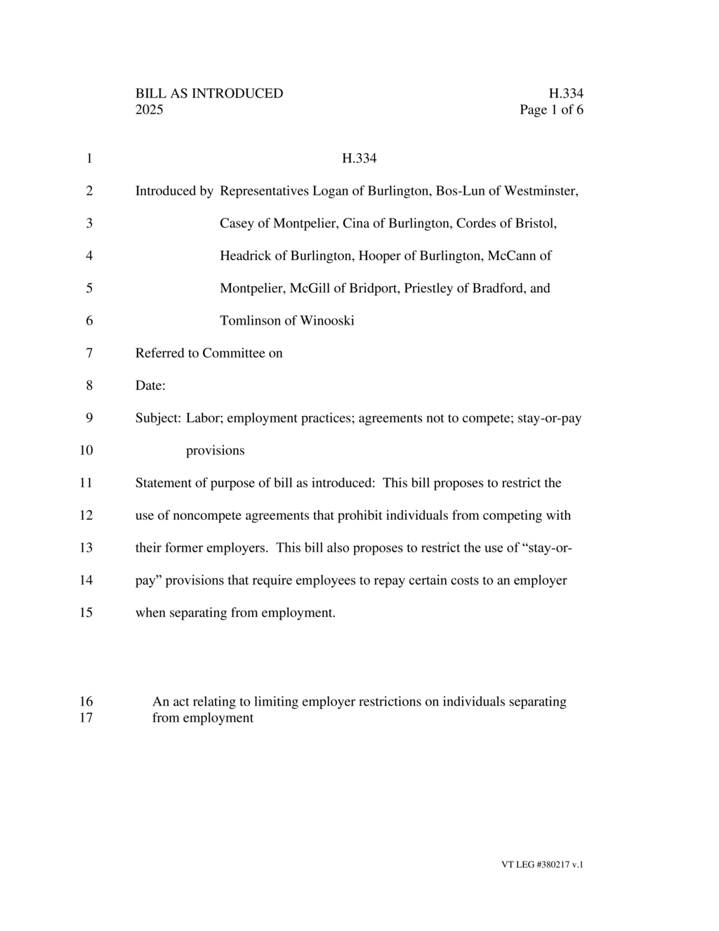 Vermont General Assembly introduces bill to prohibit non-compete agreements