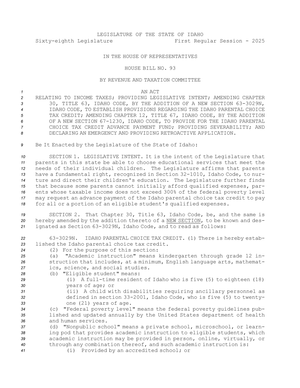 Idaho implements $5000 parental choice tax credit for qualified educational expenses