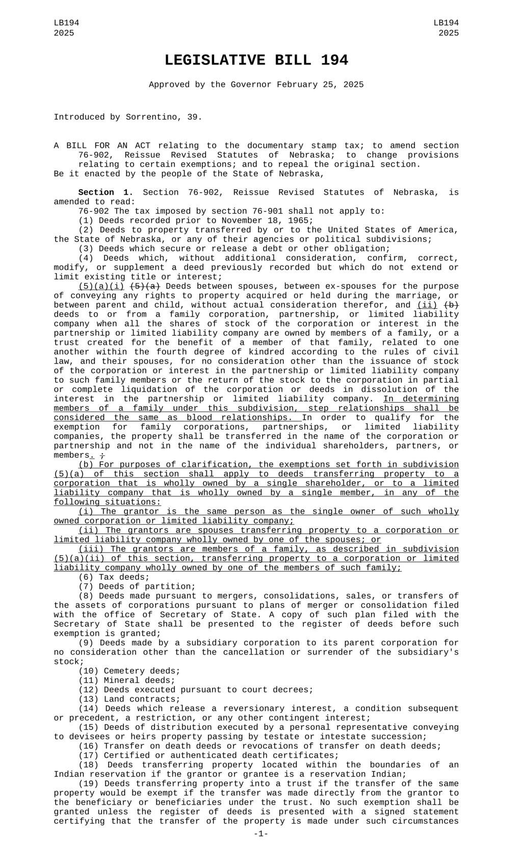 Governor approves Legislative Bill 194 amending documentary stamp tax exemptions in Nebraska