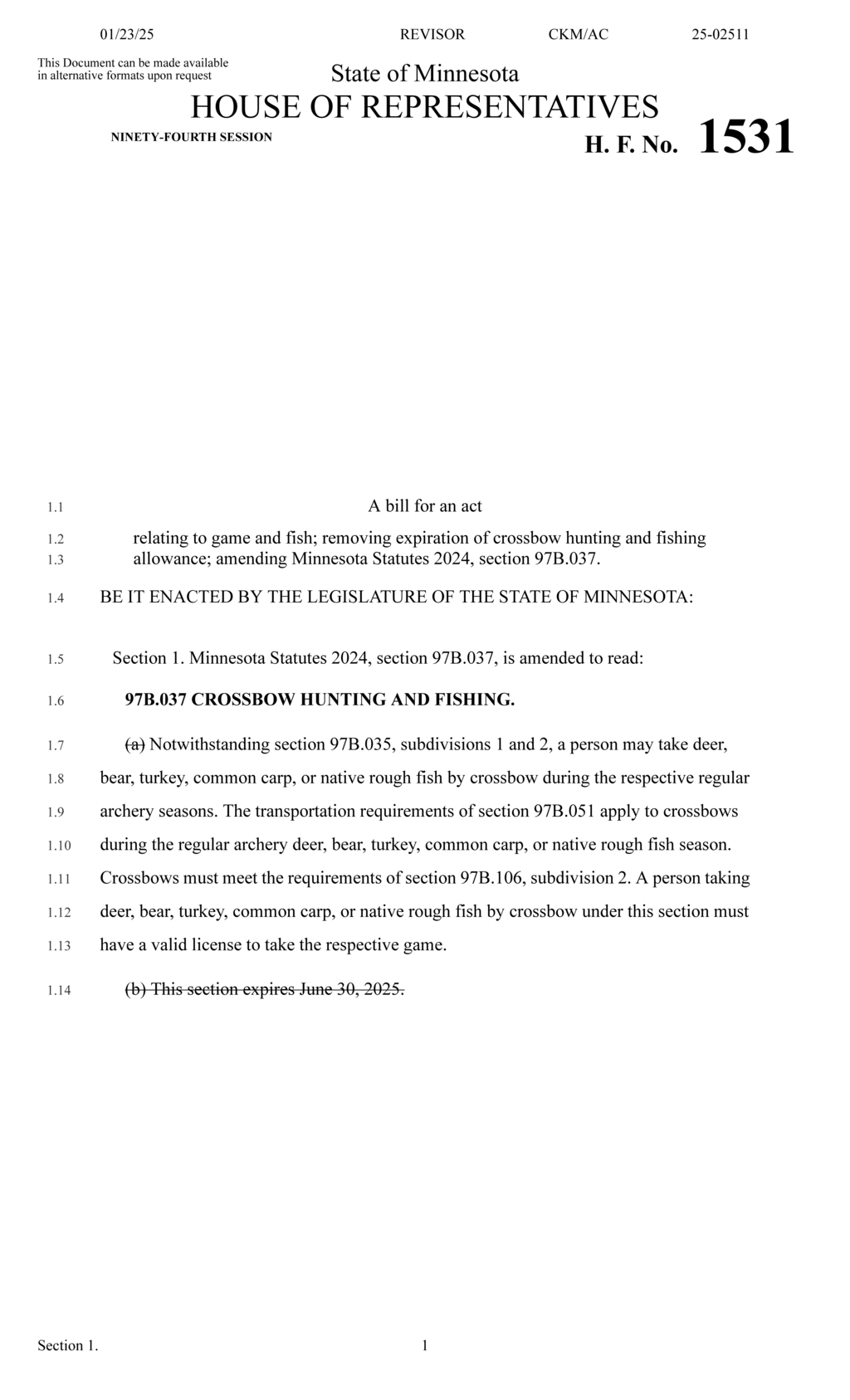 Minnesota legislature extends crossbow hunting and fishing regulations through June 2025