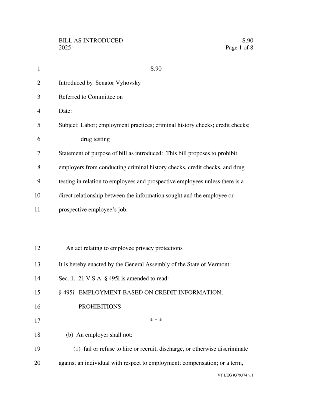 Senator Vyhovsky proposes Vermont bill limiting employer background checks and drug tests