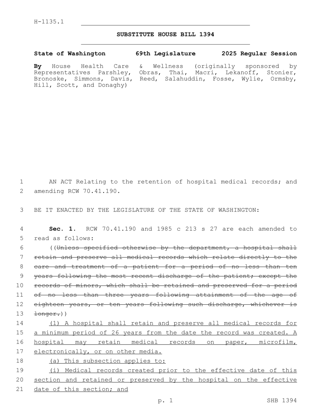 Washington amends medical records retention law to 26 years