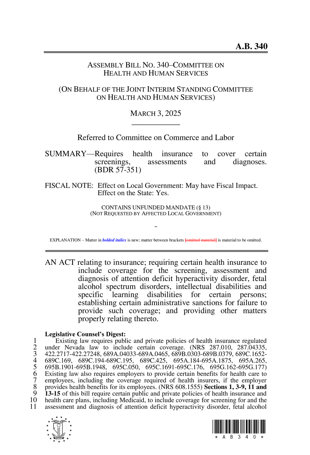 Nevada mandates health insurance coverage for disabilities up to age 22