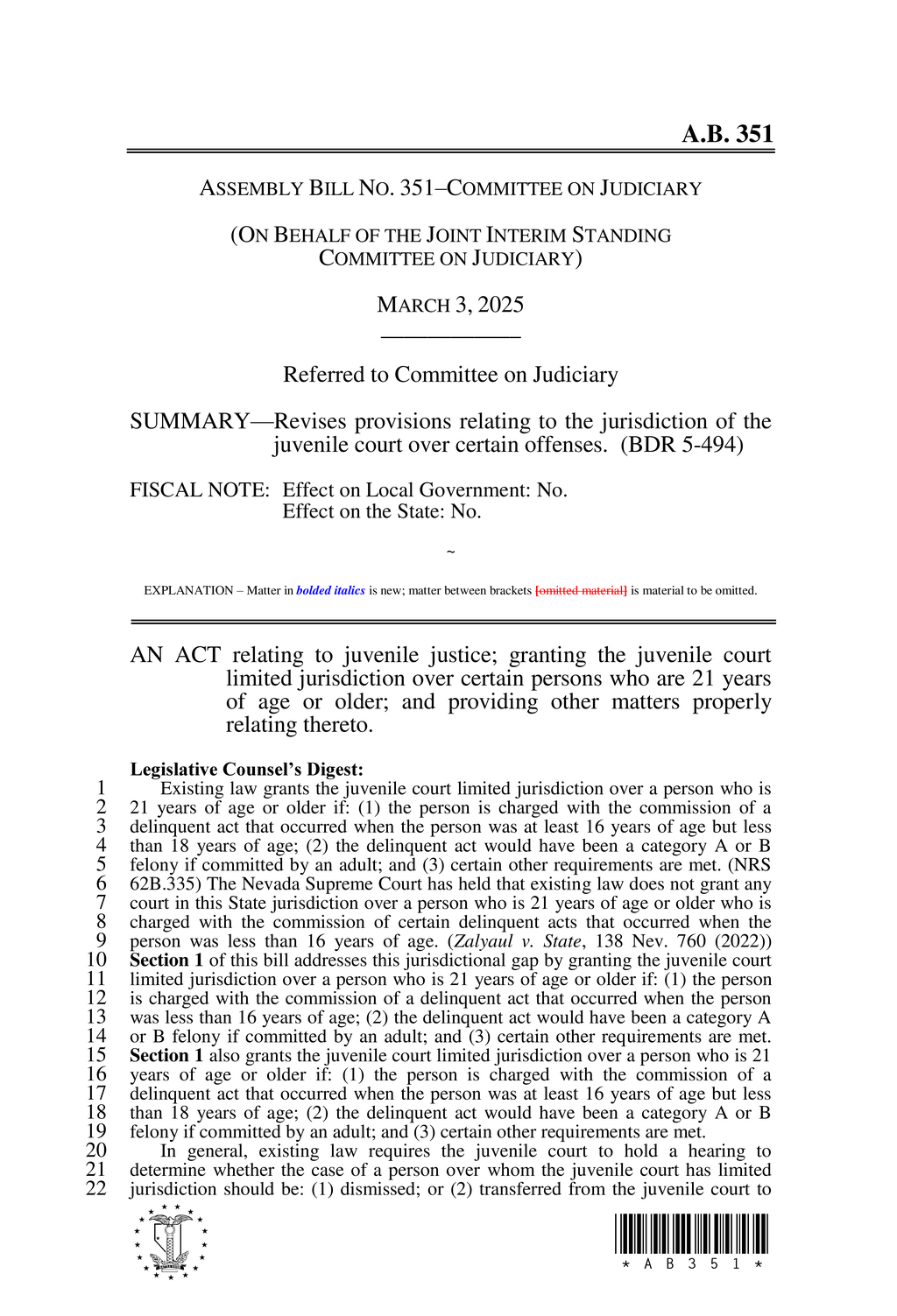 Nevada Assembly proposes expanded juvenile court jurisdiction under AB 351