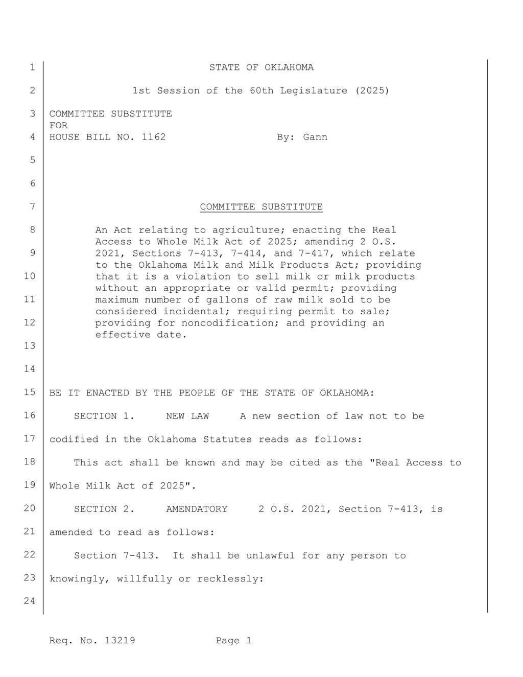 Oklahoma Legislature restricts raw milk sales and processing regulations