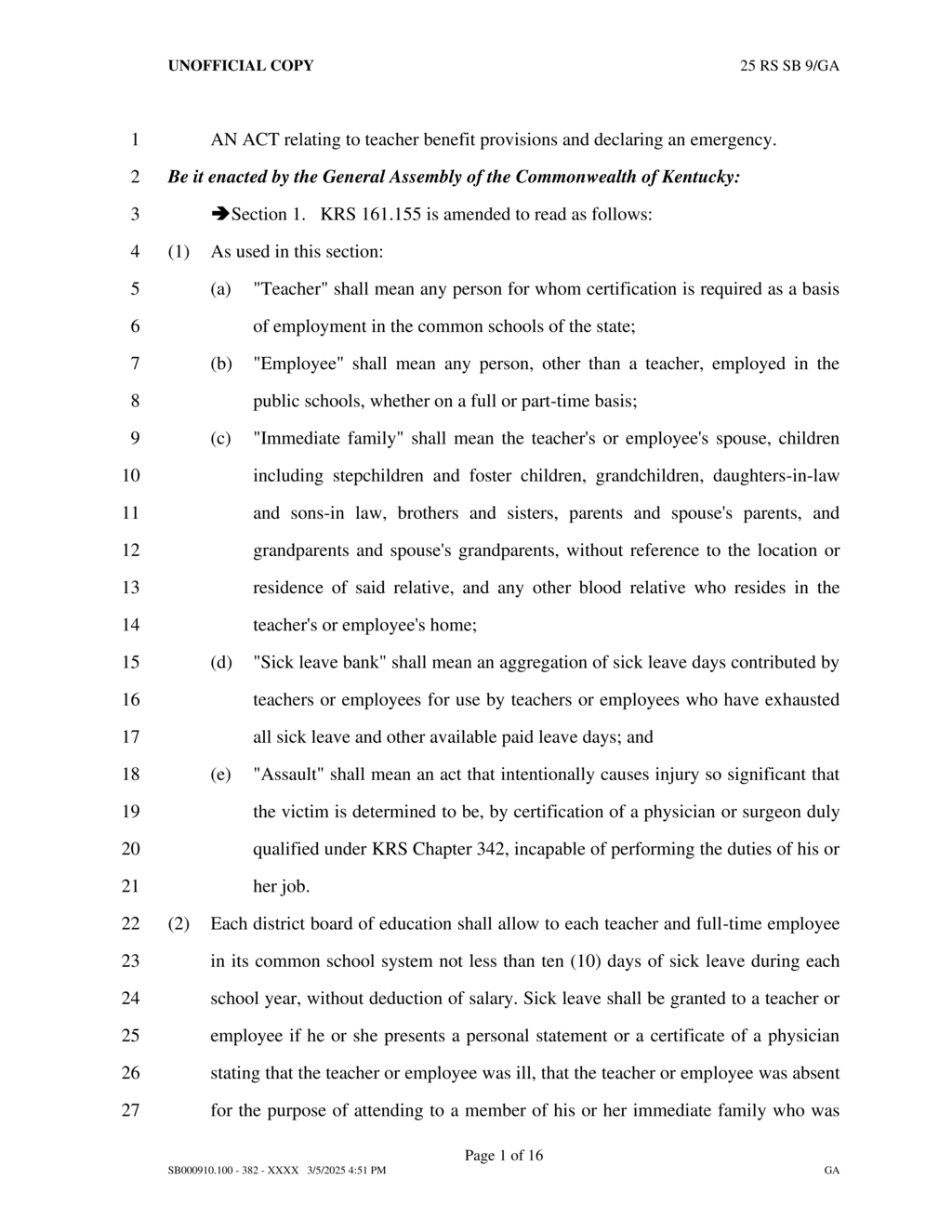 Kentucky Senate approves teacher retirement benefits including unused sick leave compensation
